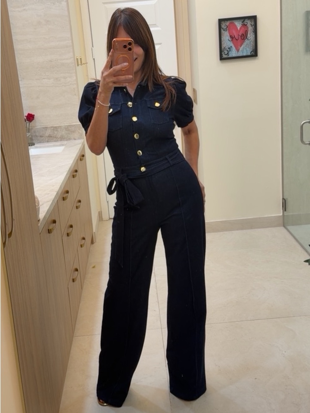 Blue Short-Sleeve Wide-Leg Jumpsuit with Gold Buttons